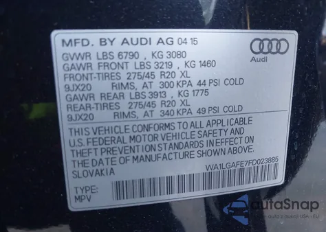 2015 Audi Q7 3.0T Premium из США, поврежденный, VIN WA1LGAFE7FD023885